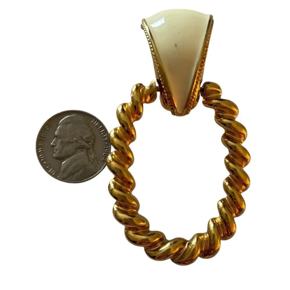 ST John Gold Tone/Cream Enamel Door Knocker Clip On Earrings 3” XL Vintage 80s